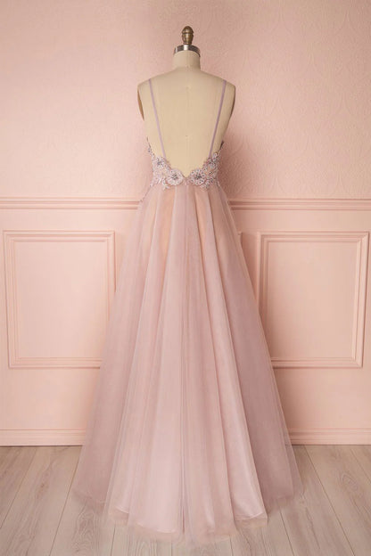 V neck tulle lace applique long prom dress