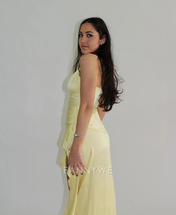 A-line V-Neck Spaghetti Straps High-Low Yellow formal dresses Bridesmaid Dresses evening gown Prom Dress