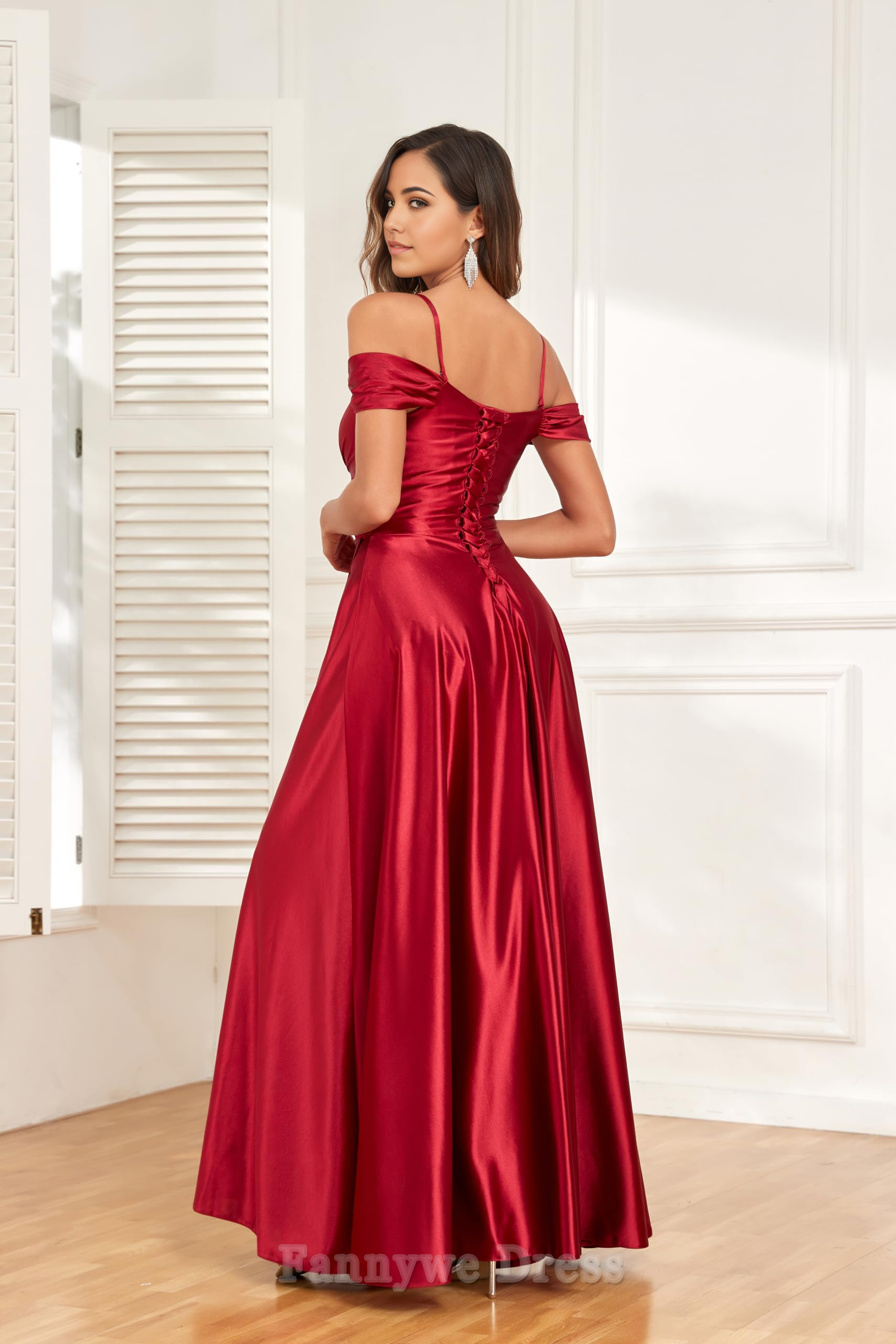 A Line Off Shoulder Spaghetti Strap Long Ruched Satin formal dresses evening gown Prom Dress with Slit