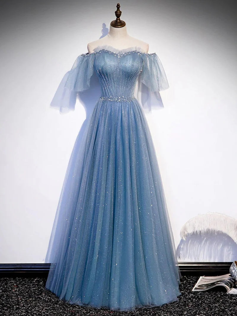Sweetheart V Neck Tulle Flare Sleeves Beaded Sequin Prom Dresses Formal Evening Dresses