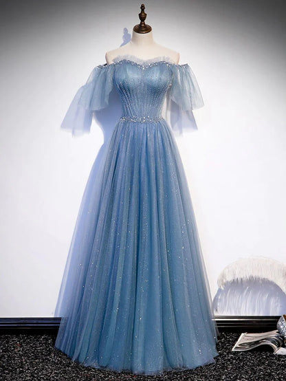 Sweetheart V Neck Tulle Flare Sleeves Beaded Sequin Prom Dresses Formal Evening Dresses