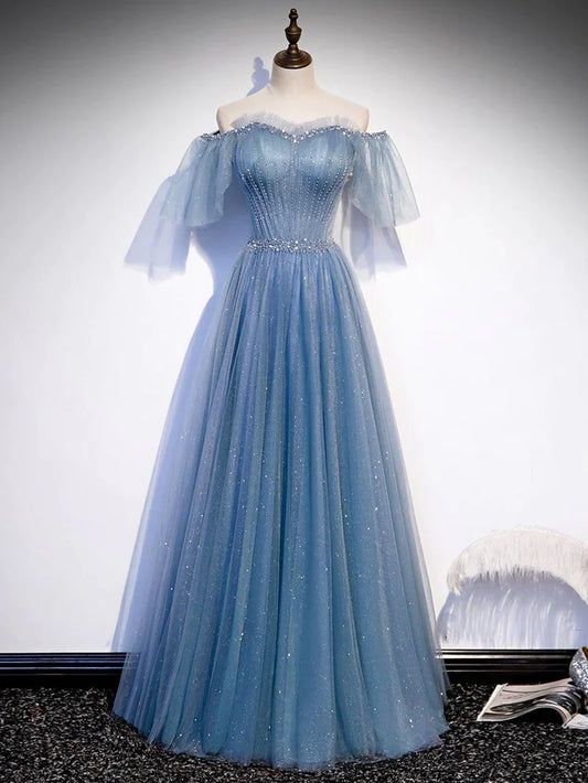 Sweetheart V Neck Tulle Flare Sleeves Beaded Sequin Prom Dresses Formal Evening Dresses