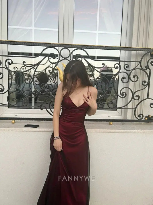 A-Linie Einfache Spaghettiträger Burgund Lange Abendkleider Brautjungfernkleider Abendkleid Ballkleid 