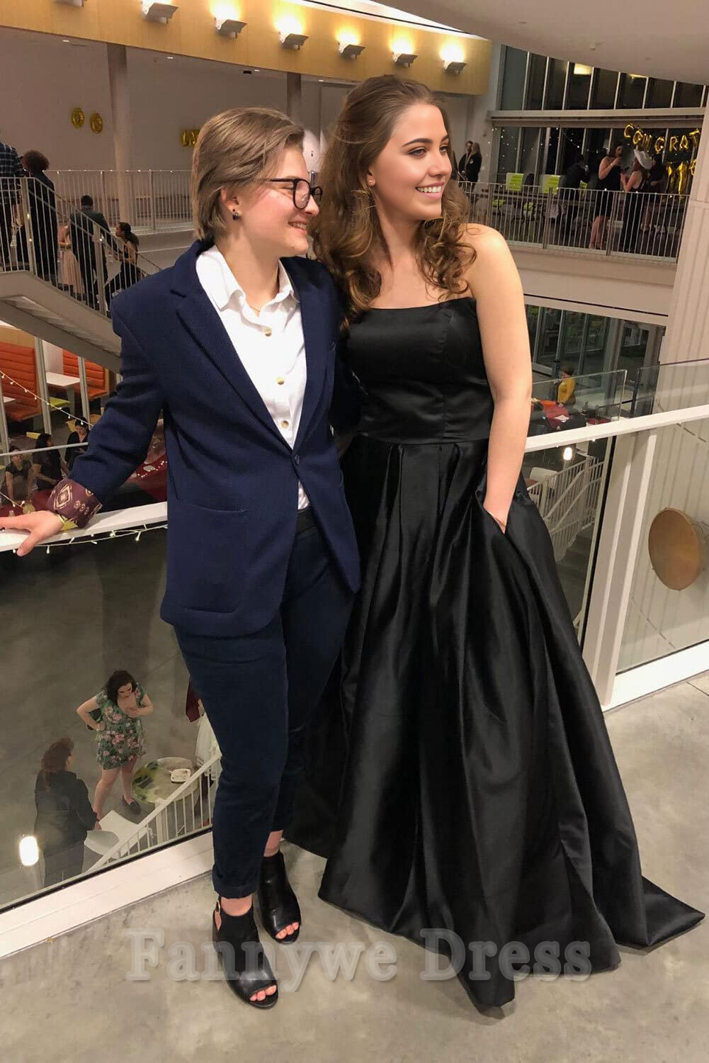 A-line Strapless Satin Sleeveless Slit Long formal dresses evening gown Prom Dress With Pockets