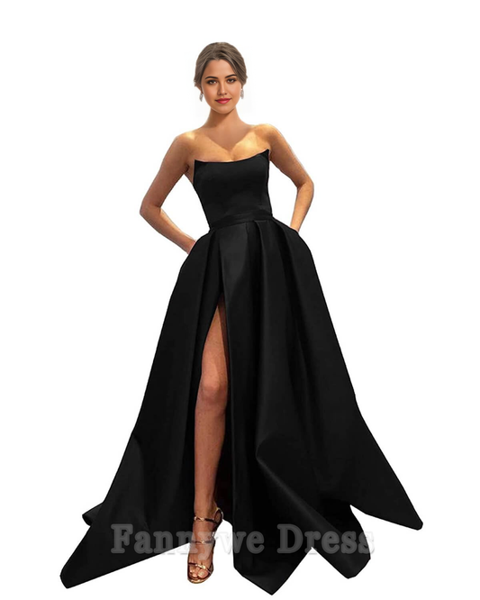 A-Linie, trägerlos, Satin, ärmellos, Schlitz, lange Abendkleider, Abendkleid, Ballkleid mit Taschen 