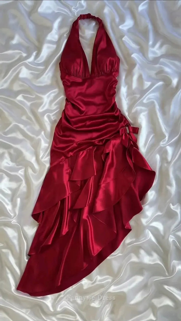 Sheath Halter Vintage Wine Red Satin Long formal dresses Bridesmaid Dresses evening gown Prom Dress