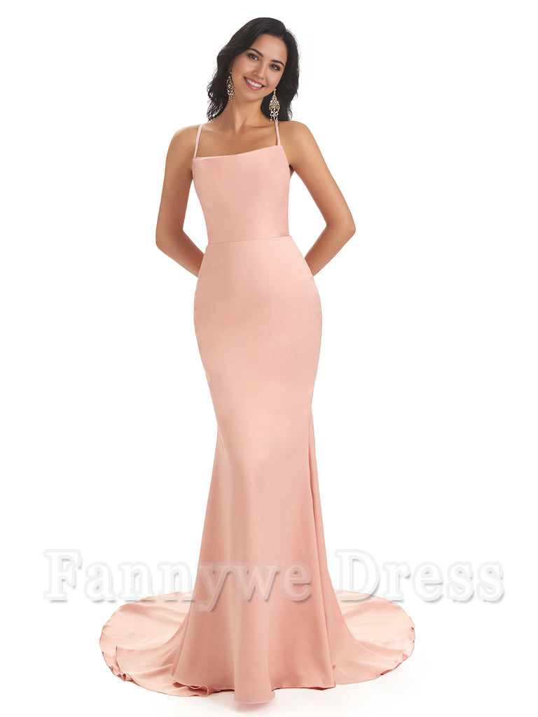 Mermaid Spaghetti Backless Straps Satin Long formal dresses evening gown Bridesmaid Dresses