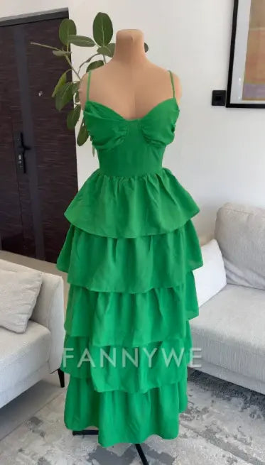 A-line Spaghetti Straps Layered Green Long formal dresses Bridesmaid Dresses evening gown Prom Dress