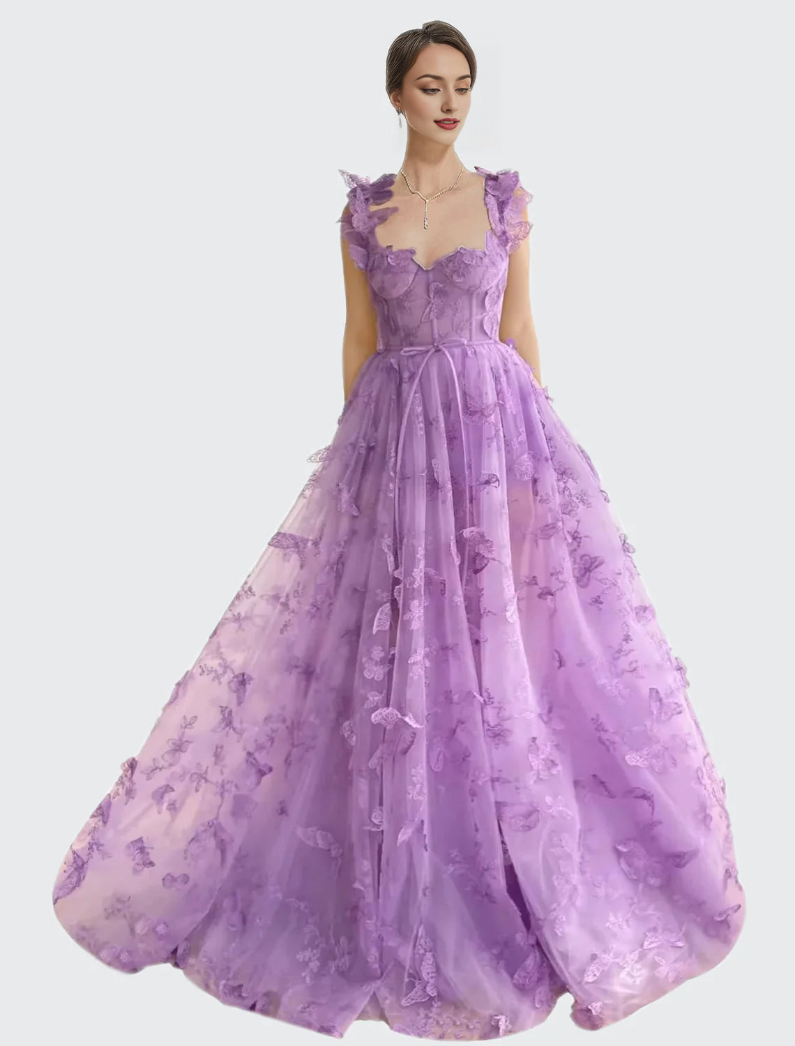 Long Tulle Prom Dress with 3D Butterflies Dress Ball Gown Evening Party Wedding Guest Formal Dress Slit