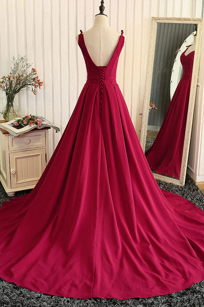 v neck satin long prom dress