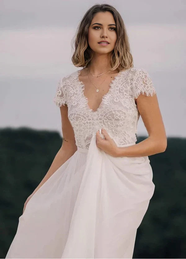 Boho A-Line V-Neck Chiffon Through Lace Wedding Dress