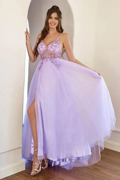 A-Linie Tüll Schlitz Lila Langes Ballkleid mit Perlenbesatz