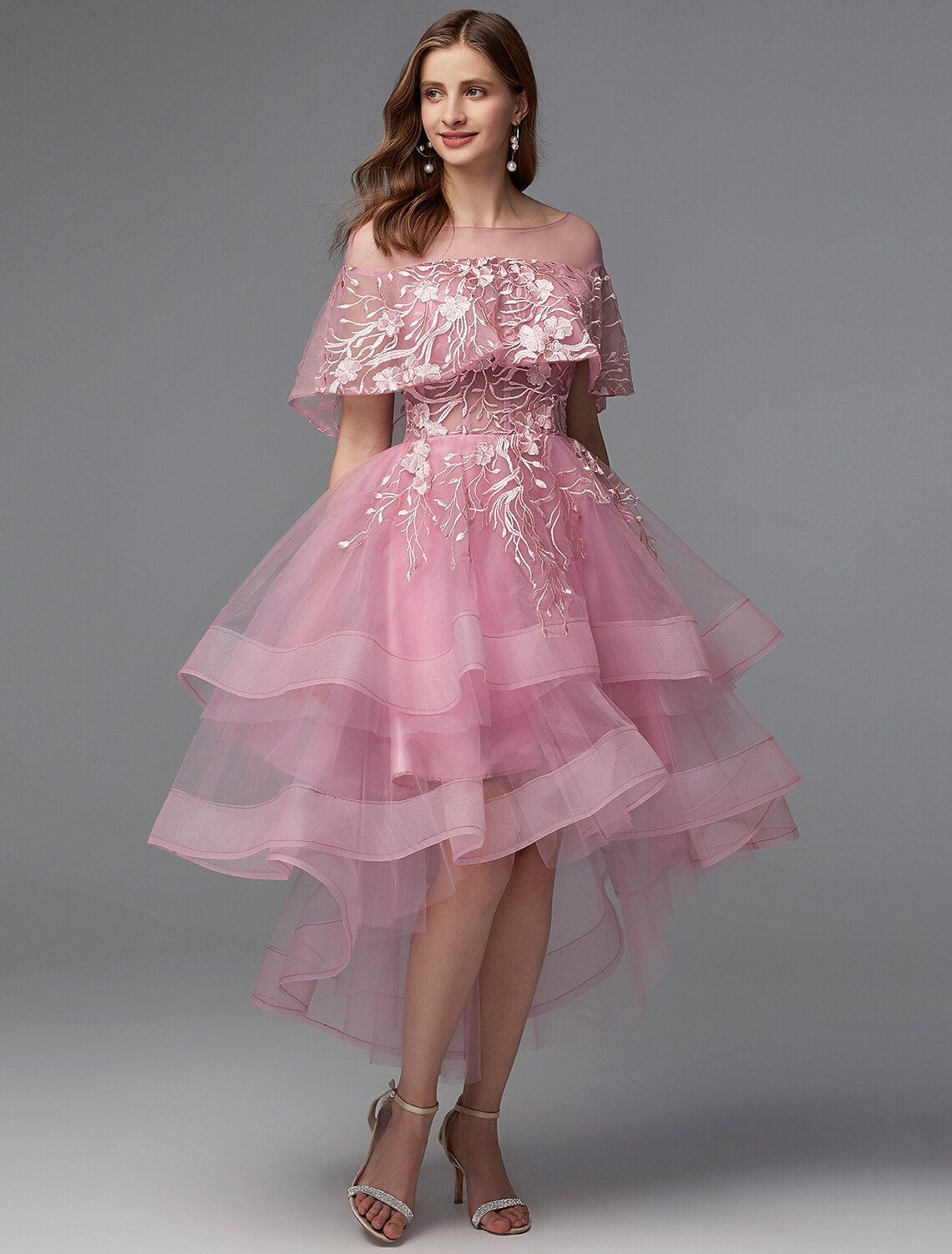 A-Line Elegant Dress Holiday Asymmetrical Sleeveless Illusion Neck Lace Tie Back with Lace Insert