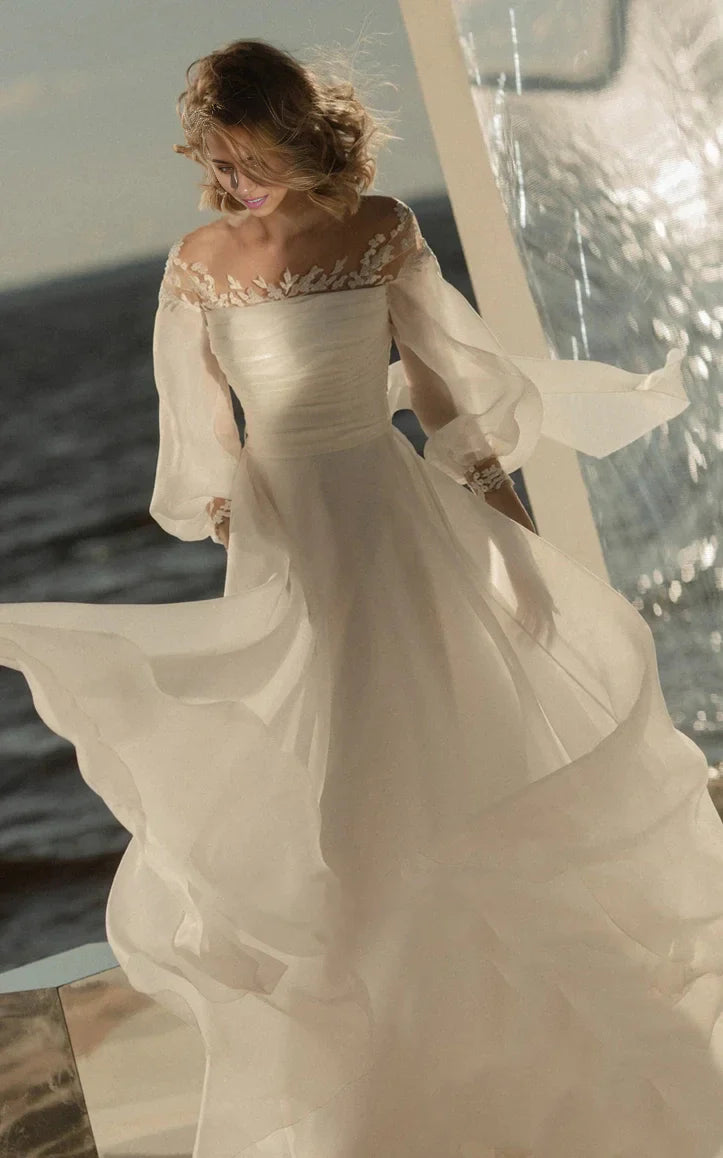 Vestido de novia de corte A, sencillo, de playa, con encaje de organza, cremallera hasta el suelo, espalda en V baja y mangas transparentes