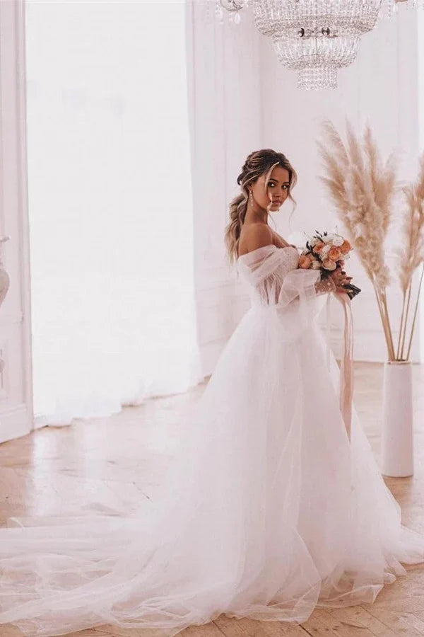 A-Line Boho Detachable Long Puff Sleeve Wedding Dresses