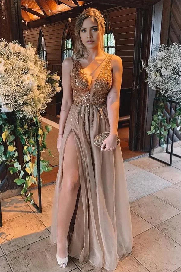 A Line Brown Beaded Sweetheart Tulle Backless Long Prom Dresses