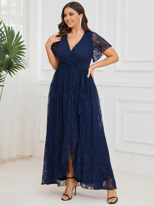 Plus Size A-Linie V-Ausschnitt Rüschenärmel Plissee Lose Spitze High Low Abendkleider Brautjungfernkleider Abendkleid Ballkleid 