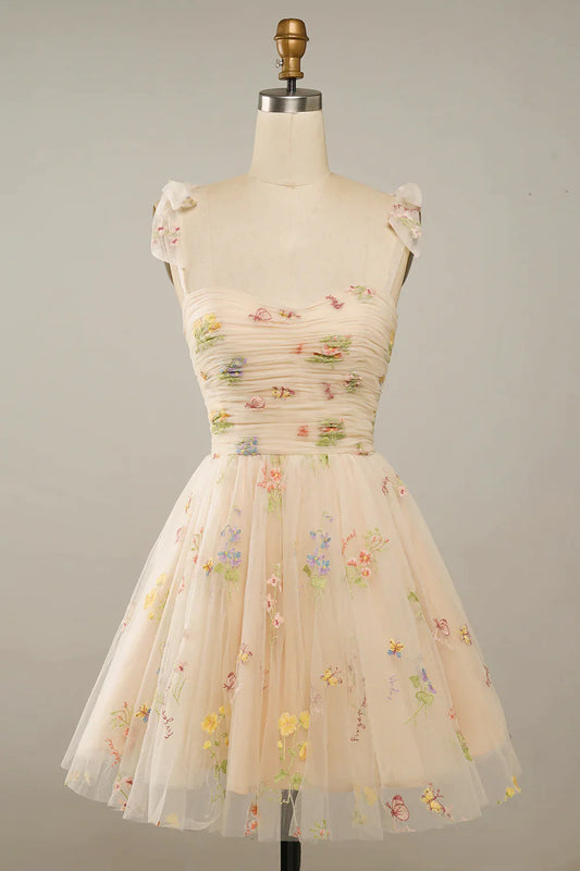 A Line Spaghetti Straps Champagne Short Homecoming Dress with Embroidery
