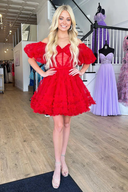 Hermoso vestido de fiesta azul real con corte en A y hombros descubiertos