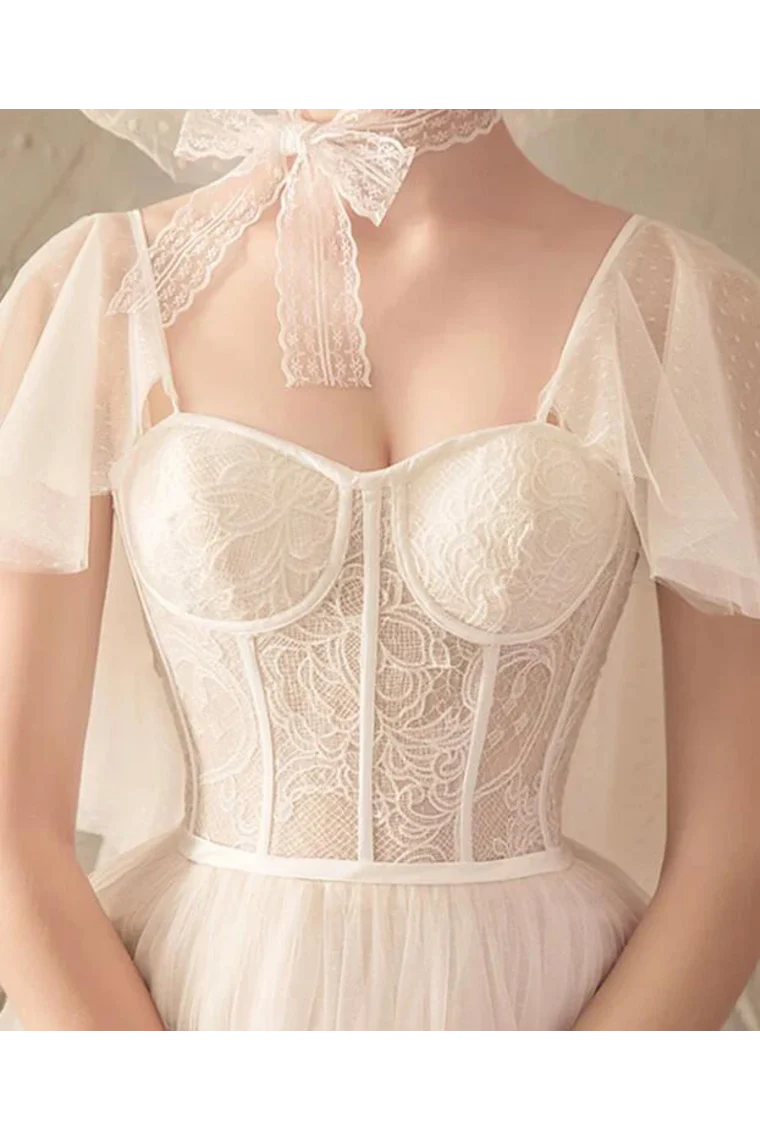 Unique A-line Tulle Lace Ivory Short Sleeves Lace Up Back Bridal Long Wedding Dress