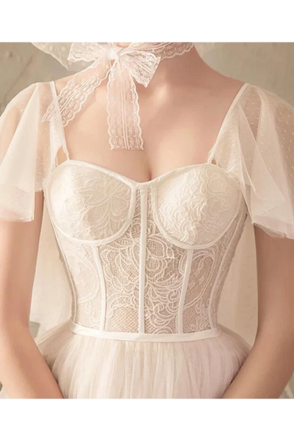 Unique A-line Tulle Lace Ivory Short Sleeves Lace Up Back Bridal Long Wedding Dress