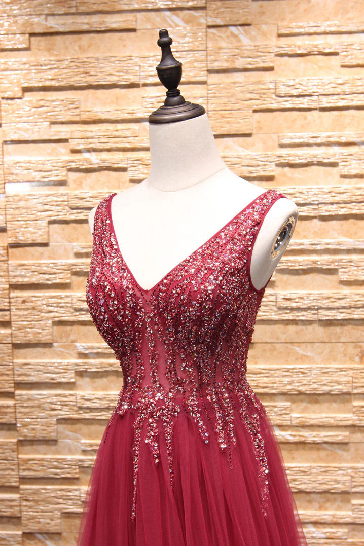 V neck beads tulle long prom dress