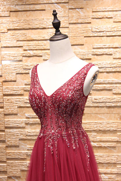 V neck beads tulle long prom dress
