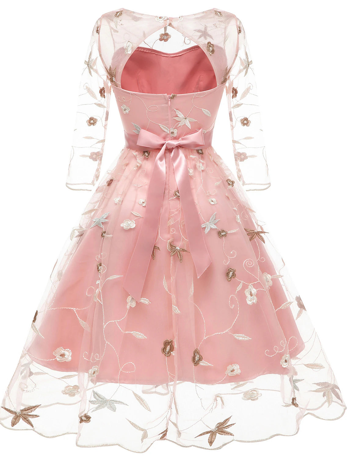 Vestido de cóctel de corte A, floral, para regreso a casa, largo hasta la rodilla, media manga, cuello joya, tul con apliques bordados