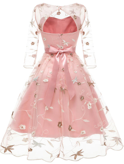 A-Line Cocktail Dresses Floral Dress Homecoming Knee Length Half Sleeve Jewel Neck Tulle with Embroidery Appliques