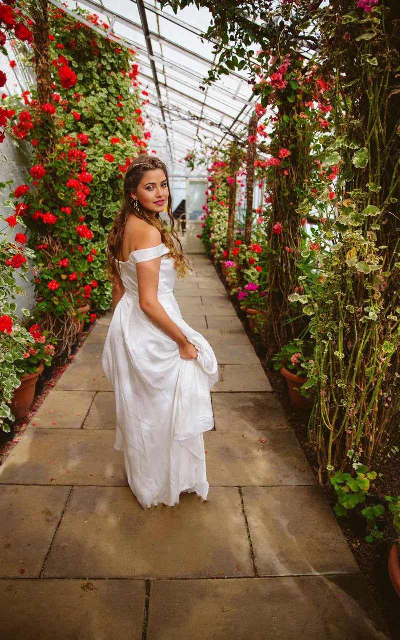 A-line Off the Shoulder Sleeveless Simple Satin Wedding Dress