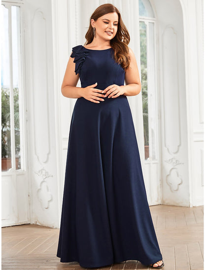 A-Line Evening Gown Plus Size Dress Formal Floor Length Sleeveless Jewel Neck Polyester with Draping Appliques Pure Color