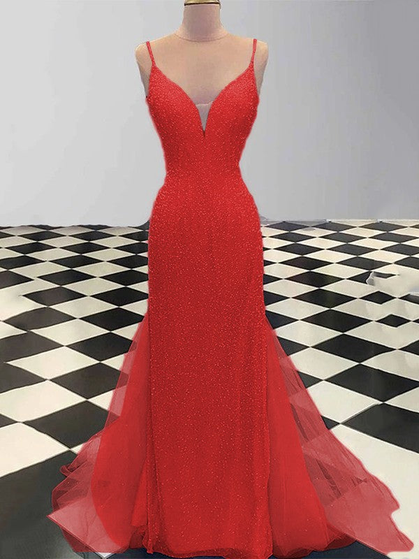 Sheath/Column Spaghetti Straps Sleeveless Tulle Sequin Sweep/Brush Train Dresses