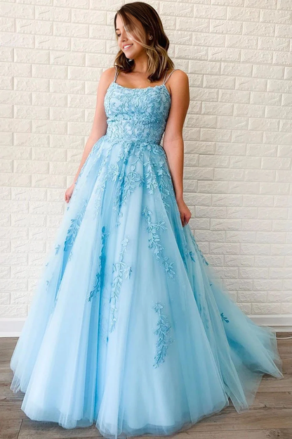 A-Linie Tüll Applikationen Perlen Scoop Himmelblau Abendkleider Abendkleid Ballkleider mit Spitze 