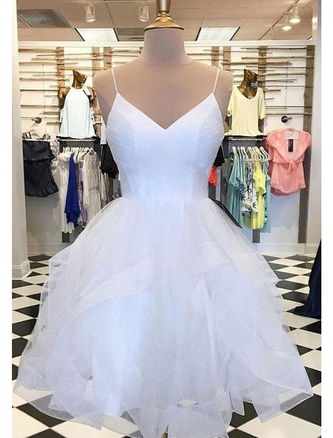 Vestidos de fiesta con cuello halter, minivestidos brillantes, vestidos abullonados con capas, sin mangas, tirantes finos, tul