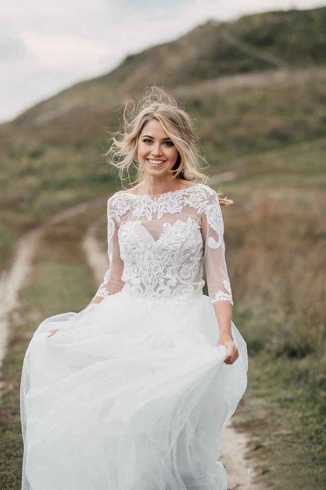 Two Pieces A Line Long Sleeves Tulle Lace Wedding Dresses