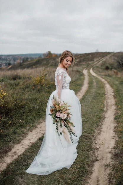 Two Piece Bohemian Illusion Sleeves Lace Court Train Wedding Dress