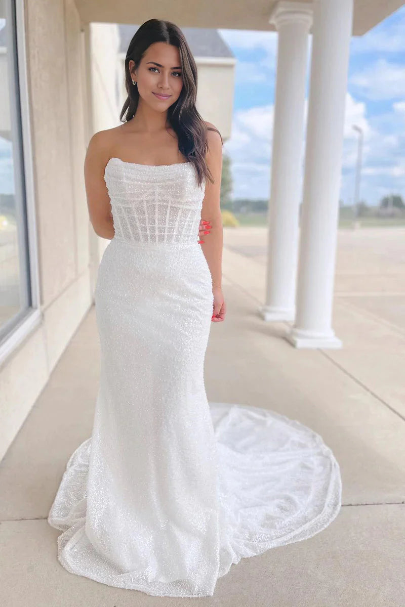 Vestidos de novia sin tirantes con lentejuelas brillantes y corte sirena