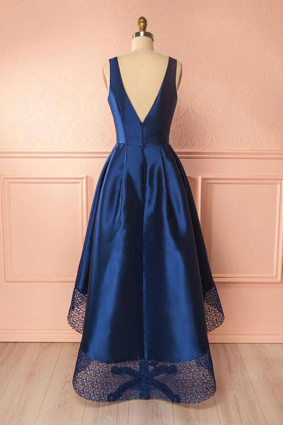 V neck high low prom dress