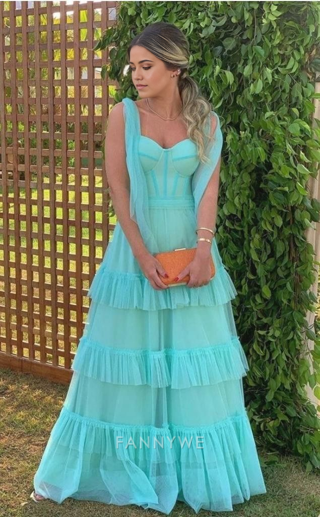 A-Line Elegant Sweetheart Tulle Tiered Blue Long formal dresses Bridesmaid Dresses evening gown Prom Dress