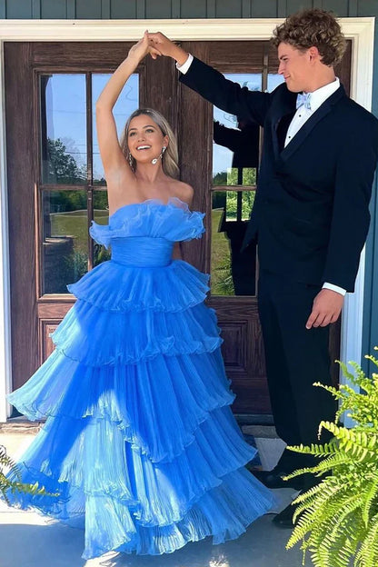A Line Strapless Charming Long Prom Dress with Ruffles