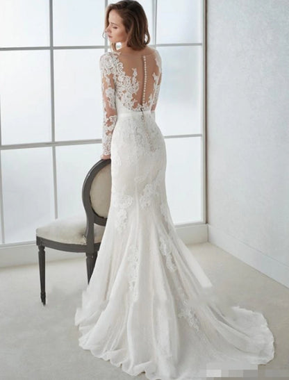 Engagement Open Back Formal Wedding Dresses Mermaid / Trumpet V Neck Long Sleeve Sweep / Brush Train Lace Bridal Gowns