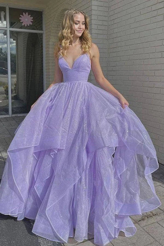 A-Linie, schlichtes, langes Ballkleid aus Tüll mit V-Ausschnitt, lilafarbenes Abendkleid