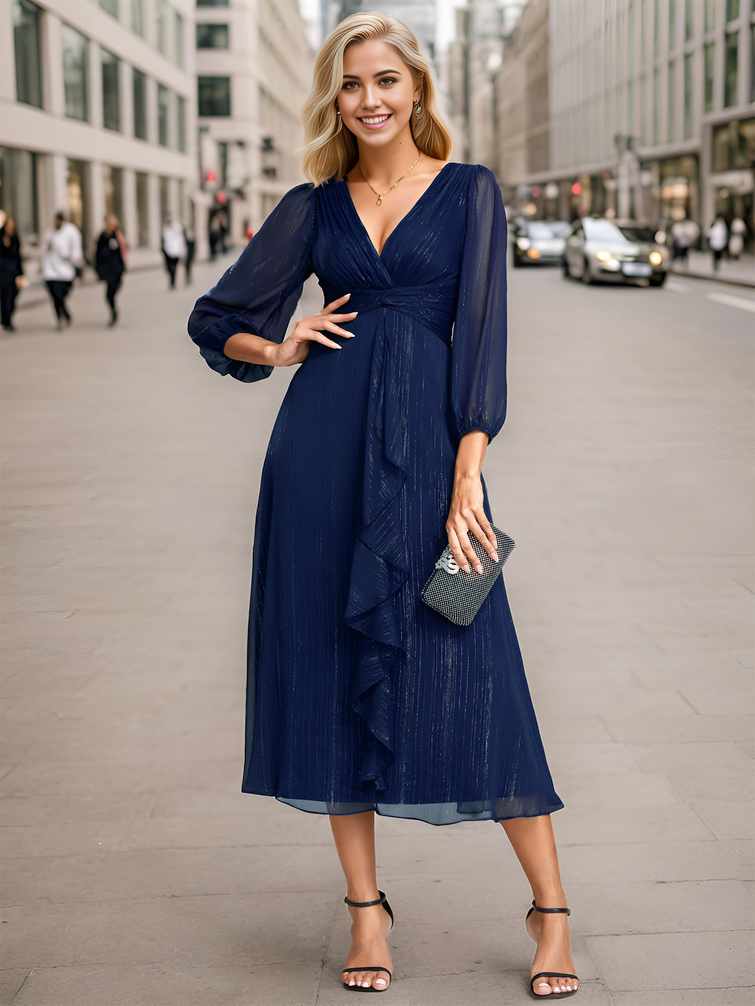 A Line Elegant Ruched V Neck Long Sleeves Tea-Length evening gown formal dress Prom Dresses