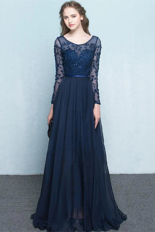 Vestido formal de gasa con escote redondo, manga larga y abalorios, corte A, vestido de noche, vestido de fiesta