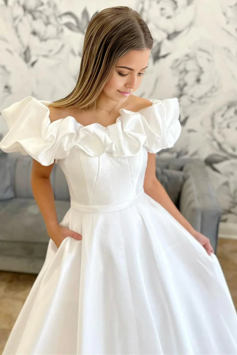 A-line Off-the-Shoulder Ruffle Long Bridal Gown Wedding Dresses