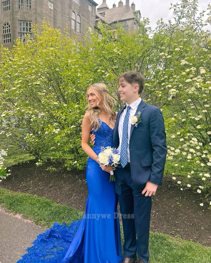 Meerjungfrau Spaghettiträger Satin Königsblau Lange Abendkleider Brautjungfernkleider Abendkleid Ballkleid 