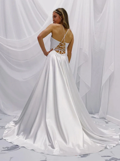 A-Linie, schlicht, V-Ausschnitt, weißer Satin, lange Ballkleider, rückenfrei, lange formelle Abendkleider, Brautkleider 