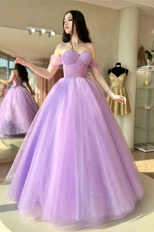 A-Linie Tüll Herzausschnitt Lila Langes Ballkleid Abendkleider