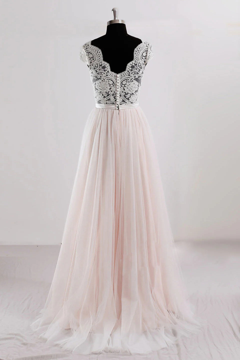 V neck lace tulle long prom dress