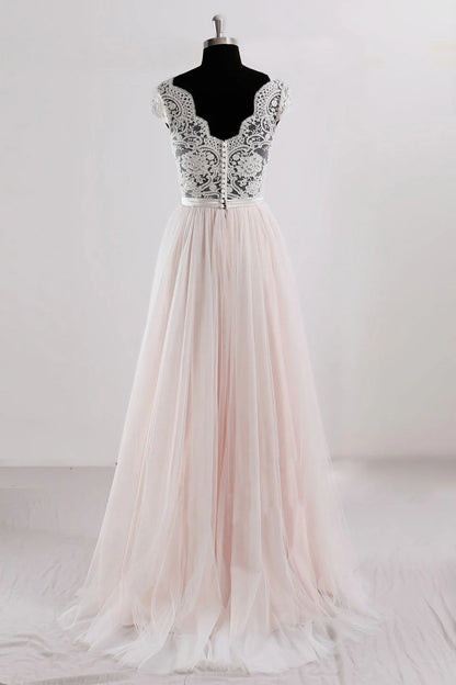V neck lace tulle long prom dress